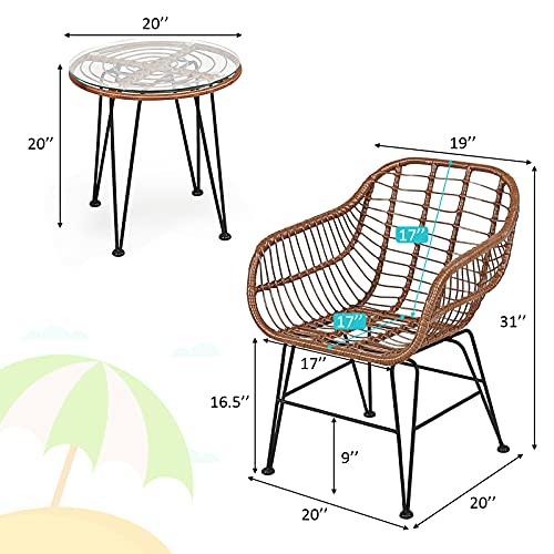 Tangkula 3 Pieces Patio Conversation Bistro Set, Outdoor Wicker Furniture w/Round Tempered Glass Top Table & 2 Rattan Armchairs, Bistro Chat Set w/Seat Cushions for Porch, Backyard, Garden