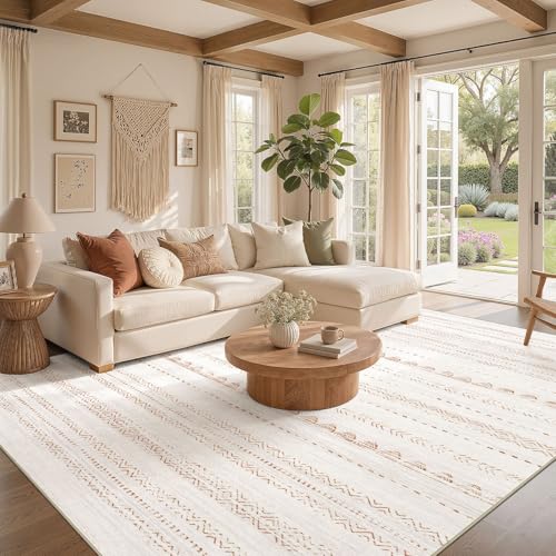 Nakagishi Area Rug Living Room Rugs: 5x7 Large Soft Machine Washable Boho Moroccan FarmNeutral Stain Resistant Indoor Floor Carpet for Bedroom Under Dining Table Home Office Decor-Cream Brown