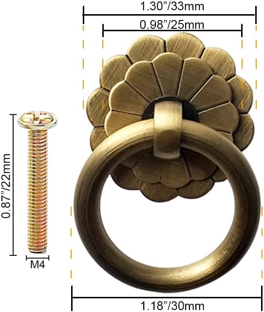 4Pcs Antique Brass Ring Pulls Handle Kitchen Cabinets Wardrobe Drawer Vintage Furniture Hardware Vintage Style Pull Ring (Antique Bronze) - 1.2"