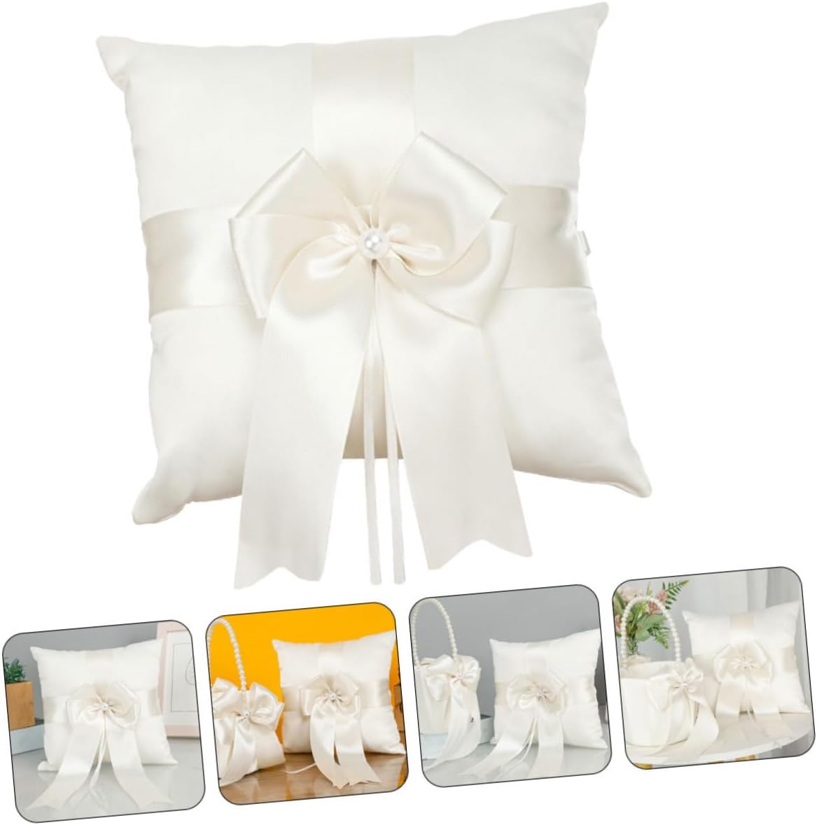 Wedding Ring Pillow with Bowknot Decorative Cushion, White Satin Ring Bearer Pillow for Wedding Party Ceremony,