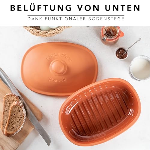 Foto von Römertopf Brottopf oval aus Naturton Terrakotta, 30 x 21 x 15 cm, ca. 2,0 Liter, belüfteter Keramik-Vorratstopf mit 2x3 Lüftungslöchern, feuchtigkeitsregulierend, zur Aufbewahrung von Brot & Brötche