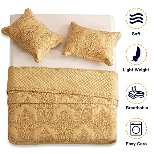 Image of CHIXIN Bedspread Coverlet Quilt Set Full Size - Lightweight Bedding Cover - Beautiful Stitching - 5 Piece Reversible Bedspread - Luxury Damask Paisley Pattern (Full, Honey-Gold)