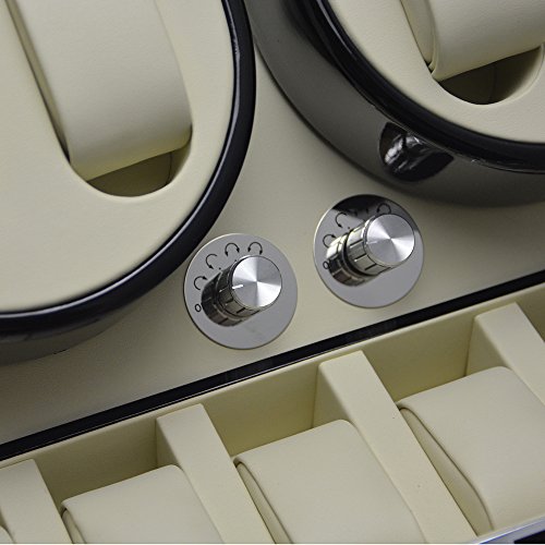Keedz® Uhrenbeweger Elegance - Stilvoller Uhrenbeweger für 4 Automatikuhren mit Uhrenaufbewahrung für 6 Uhren in Klavierlack Schwarz und weißem Interieur mit 5 unterschiedlichen Programmen
