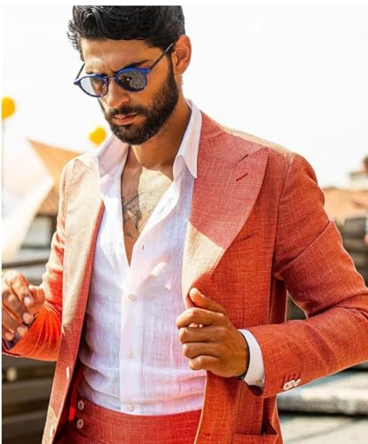 ORBITRAY Men's Linen 2-Piece Suit 2025 Spring Summer Breathable Wedding Business Blazer Pant Set Lightweight3