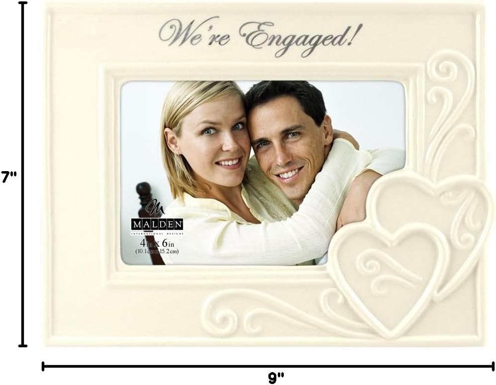 Malden International Designs Glazed Ceramic With Silver Accents "We're Engaged " Picture Frame, 4x6, White - Image 2