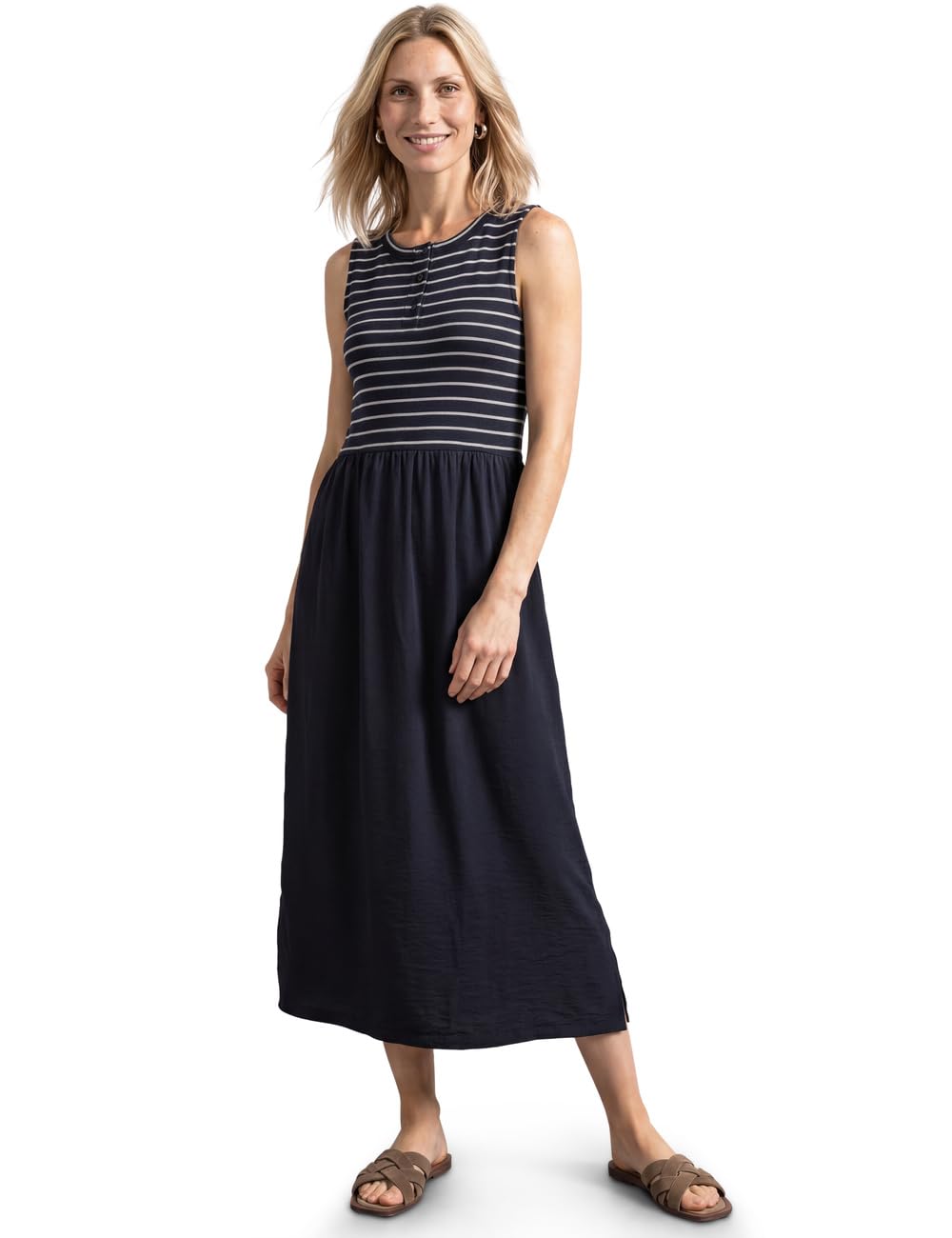 Street One Midi Dress with Textured Mix and Button Detail Darkest Blue 46