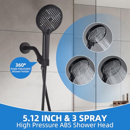 Set moderno de ducha y grifería completo con válvula, grifería para ducha con cabezal de ducha de alta presión de 5.12 pulgadas acabado negro mate miniatura 3