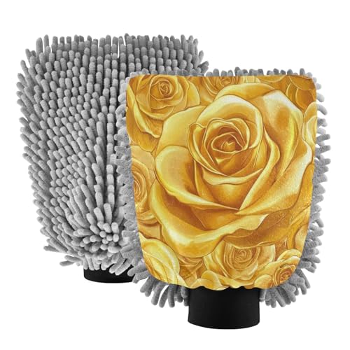 Flradish 2 Pack Gold Rose Car Wash Mitt Chenille Microfiber Lint-Free Scratch Free Ultra-Soft Absorbent Car Wash Mitt 11.8x8.07 Inch