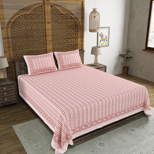 Image of BLOCKS OF INDIA Hand Block Printed 200 TC Cotton Super King Size Bedsheet (Pink LINE)