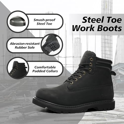 Image of Steel Toe Work Boots for Men, 6-Inch Non Slip Comfortable Leather Waterproof Industrial Construction Safety Workboots