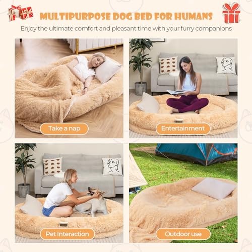 COSTWAY Human Dog Bed, Giant Human Sized Pet Beds with Pillow, Blanket, Washable Cover, Non-Slip Bottom, Orthopaedic Egg Comfortable Bean Bag for Adults & Furry Friends (Brown)