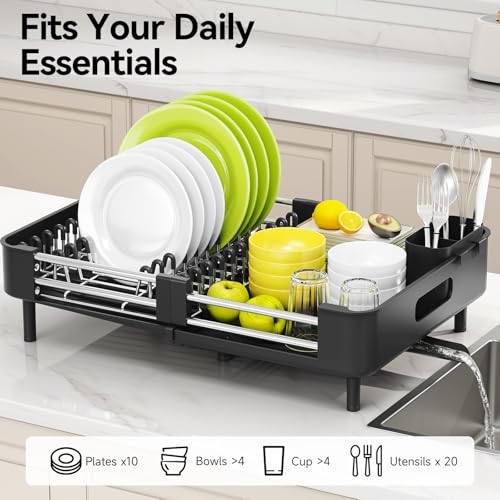 Urackify Extendable Dish Drying Rack, Dual Part Dish Drainers with Non-Scratch and Movable Cutlery Drainer and Drainage Spout, Adjustable Dish Rack for Kitchen,Black by Urackify - Image 3