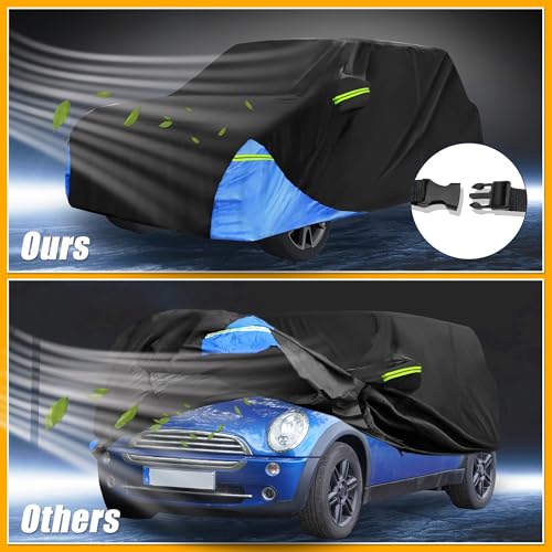 Partuto Car Cover Waterproof All Weather 210D, UV Sun Rain Protection, for Mini Cooper 2DR with Left Side Zipper, Black & Blue by Partuto - Image 5