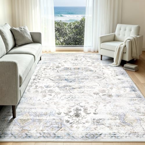 Image of 6'x9' Rugs for Living Room Bedroom, Washable Area Rugs, Pet & Kid Friendly Low Pile Carpet, Non-Shedding Non-Slip TPE Backing, Vintage Distressed Print Floor Mat for Bedroom Dining Room, Blue