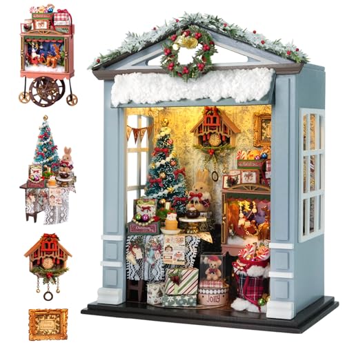 fifijoy Christmas Miniature Dollhouse Kit DIY Gingerbread Booknook Tiny House for Adults and Teens Bookshelf Insert Decor 3D Wooden Puzzle Gifts for Family and Friends (Joyful Gathering)