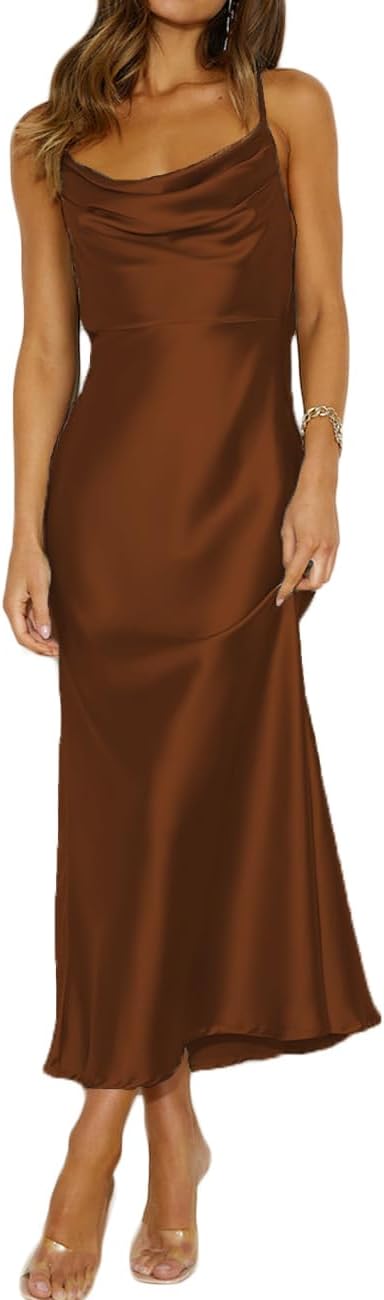 Summer Satin Spaghetti Strap Cowl Neck Backless Midi Dresses for Women Elegant Tie Low Back Ruched Cocktail Dress Brown Large