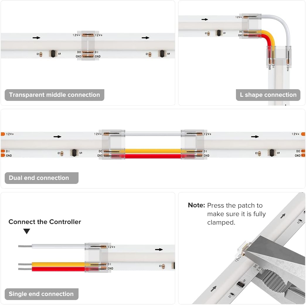 BTF-LIGHTING COB 3Pin 12mm Width Transparent Connector Kit 8 Pairs of Wire to Strip,8pcs Gapless Connectors Only Support FCOB SPI WS2811 720LED/m RGB (+ DI GND) 3 Wires LED Light - Image 5