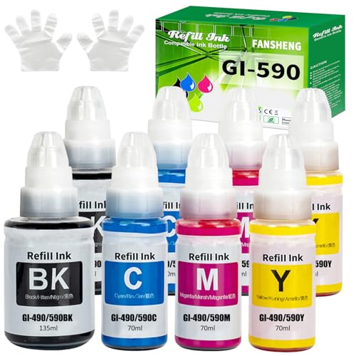 FANSHENG GI590 GI490 atrament kompatybilny z Canon GI-590 GI-490 wkłady atramentowe do Pixma G1000 G1400 G1500 G2000 G2400 G2500 G3000 G3400 G3500 G4500 (8 Opakowanie 2 czarne/2 szt. Cyjan/ 2 Magenta