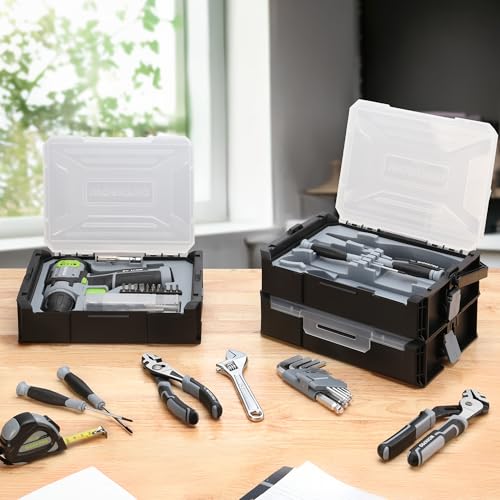 Image of WORKPRO 43PCS Cordless Lithium-ion Drill Driver & Toolbox, 8V 2.0 Ah Power Drill Set with Household Hand Tool Kit, Battery Powered Screwdriver with Stackable Tool Box