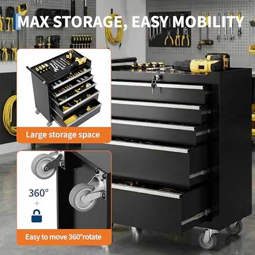 IDEALHOUSE Rolling Tool Chest, 5 Drawers Tool Storage Cabinet, Toolbox with Wheels, Portable Tool Cabinet Organizer with Locking System & Drawer Liners, Tool Storage Cart for Garage, Workshop, Black by IDEALHOUSE - Image 4