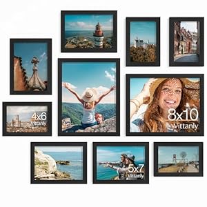 Vittanly 10 Pack Picture Frames Collage Wall Decor, Gallery Wall Frame Set for Wall or Tabletop Display, Engineered Wood and Shatter-resistant Plexiglass, Multi Sizes with 8×10, 5×7, 4×6 Frames, Black