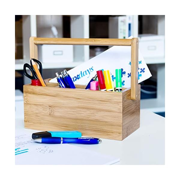 Relaxdays Schreibtischorganizer, aus Bambus, 4 Fächer, Henkel zum Tragen, Stiftehalter, HxBxT: 20 x 25 x 11,5 cm, natur – Bild 3