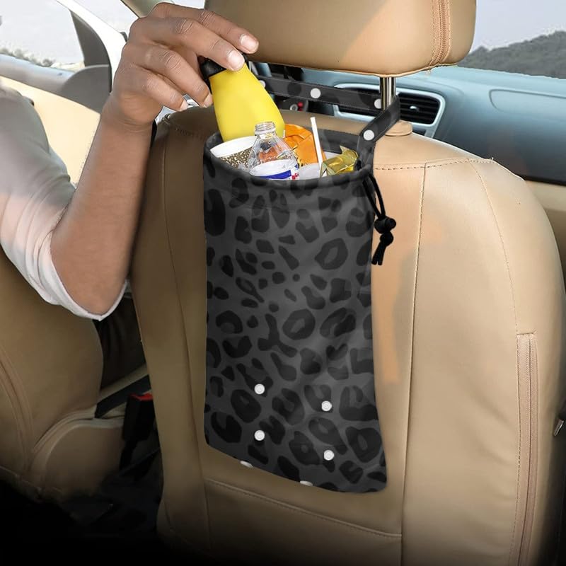 Image of Leopard Spots Foldable Car Garbage Bag Hanging Front Seat, Cheetah Skin Auto Organizer and Storage with Drawstring, Black