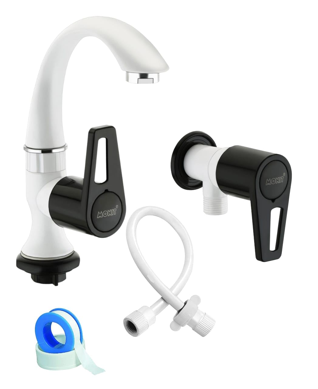 Monit Swan Neck Basin Tap and Angle Cocke for Bathroom White and Black PTMT Heavy Duty Connection Pipe, Modern Single Handle Design, Pillar Cock, wash basing tap, with teflone tap (White- Black Dual)-image-19