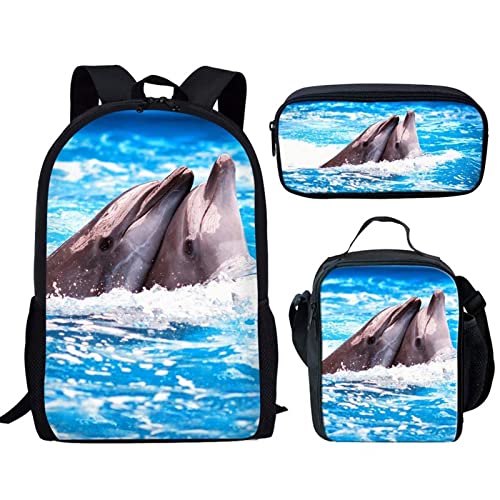 Set di 3 zaini per la scuola con motivo cavallo per ragazze e ragazzi con animali con astuccio e portapranzo Delfini Taglia unica Zaini Daypack