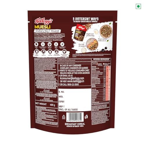 Image of Kellogg's Choco Millet Muesli with 78% Fruit, Seeds & Multigrain| Power Breakfast|No Maida No Palm Oil| India's No 1 Muesli| 400g (Pack of 3)