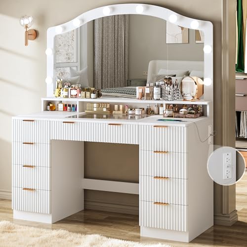 HUAHUU 46' Fluted Vanity Desk with Large Mirror and Lights, Makeup Vanity Desk with Glass Top &...