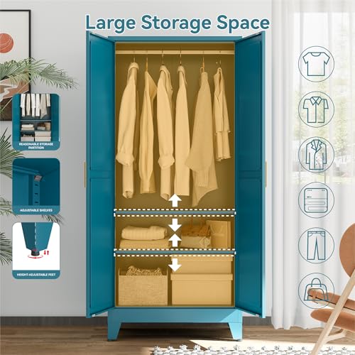 Image of Metal Wardrobe Closet with Doors and Shelves, 71 inch Farmhouse Bedroom Armoire with Hanger Rod and Clothing Shelf, White Steel Wardrobe Cabinet Storage Clothes Closet