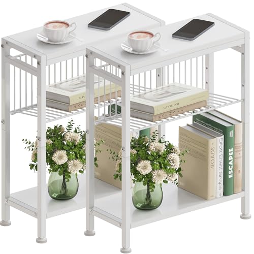 Vantimo Mesa Auxiliar Estrecha 3 Estantes,Mesita de Noche Estrecha con Soporte para Revistas, Mueble Auxiliar para Sofá Centro Pequeña para Sala de Estar Dormitorio Cocina Balcón Oficina Blanco