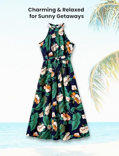 Image of PATPAT Family Hawaiian Matching Outfits - Mommy and Me Vacation Outfits | Halter Sundresses and Button Down Shirts,Caribbean Vacation Summer Tropical Outfits,Hawaiian Boho Tropical Floral Printed