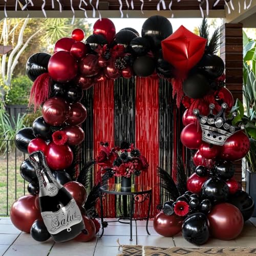 Image of Red Black Party Balloon Kit 2pack Foil Fringe Curtains,Square Foil Wine Bottle Crown Balloons Doubled Burgundy Black Balloon Arch for Birthday Bachelorette Gothic Vampire Celebration Wine Party Decor