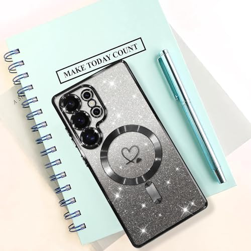 Bonoma Compatible with Samsung Galaxy S25 Ultra Case Support for MagSafe, Plating Heart Glitter Magnetic Case TPU Camera Protection Back Cover for Phone Case -Black by Bonoma - Used condition - Image 5