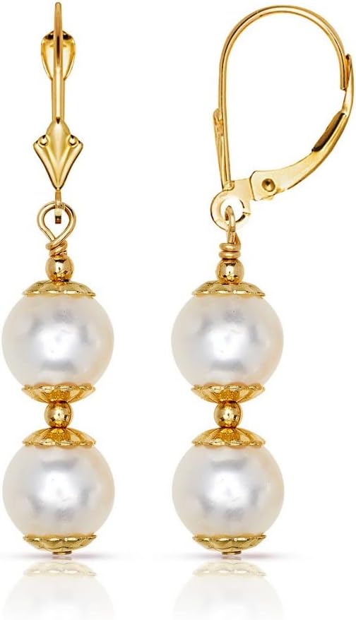 Jewelryweb 14k Yellow Gold White Freshwater Cultured Pearl Drop Earrings for Women (3-lengths)