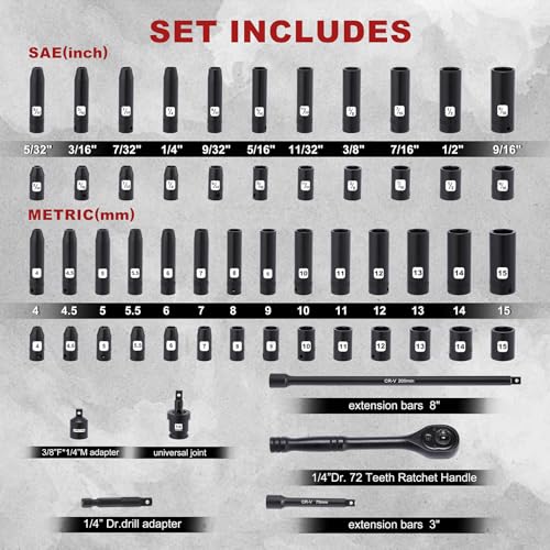 Image of Mayouko 56PCS 1 /4 Inch Drive Impact Socket Wrench Set, SAE /Metric, Deep /Shallow, 6 Point, CR-V, 5 /32 Inch - 9 /16 Inch, 4mm - 15mm, 72 Teeth Ratchet Handle, With Extensions, Adapters, Universal Joint