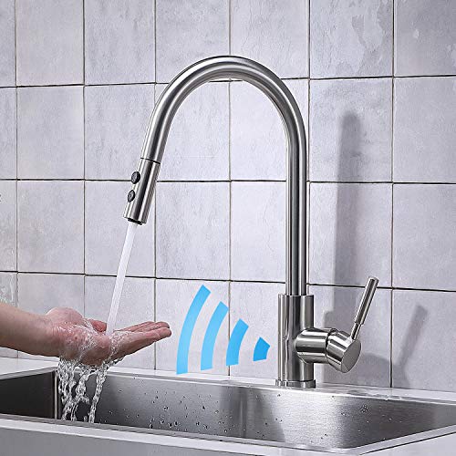Touchless Modern Kitchen Faucet with Pull Down Sprayer, Motion Sensor Activated Hands-free Brushed