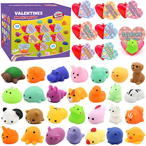 SURCVIO 28 Pack Valentines Day Gifts for Kids, Mochi Squishies Party Favor Set with Filled Hearts and Valentines Greeting Cards, Valentine's Day School Prize Party Favor, Classroom Exchange Gift Set