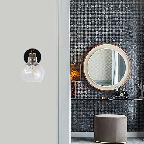 Image of MONKFISH Modern Industrial Wall Sconce Light with Glass Globe Shade, Black & Brass Wall Lamp Fixture for Bathroom, Bedroom, Hallway & Living Room, E26 Socket, UL Listed