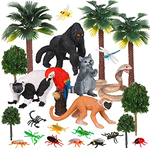 Jexine 25 Pack Rainforest Animals Figures Bulk Rainforest Diorama Kit School Project Toy for Kids Assorted Tropical Animals Figures for Birthday Miniature Landscape