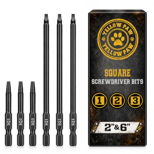 Yellow Paw Robertson Square Bit Set (6 Pack) Sizes #1 #2 and #3 in Both Extra Long 6 Inch & Standard 2 Inch - Robertson Square Bits Are Commonly Used in Framing Decks Electrical Boxes & More
