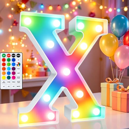Image of LED Marquee Letter Lights, 18 Colors Changing Light Up Letters with Remote, RGB Alphabet Letters Sign for Girls Boys Gift Birthday Party Night Light Bedroom Wedding Christmas Decor-Colorful X