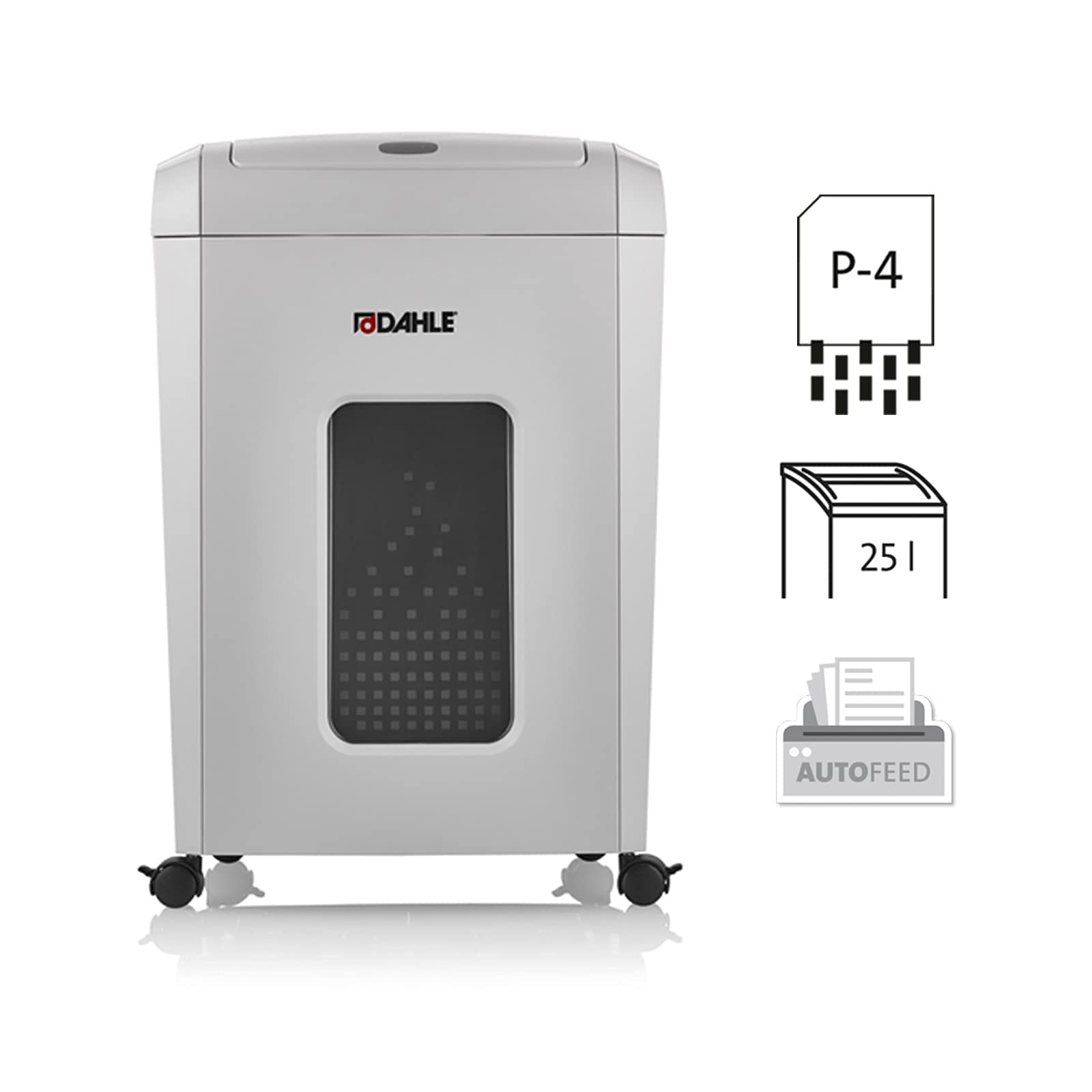 Dahle ShredMATIC 150 - Distruggidocumenti Autofeed (150 fogli, P-4, taglio a particelle, senza olio e manutenzione, alimentatore automatico di carta grigio chiaro/grigio polvere