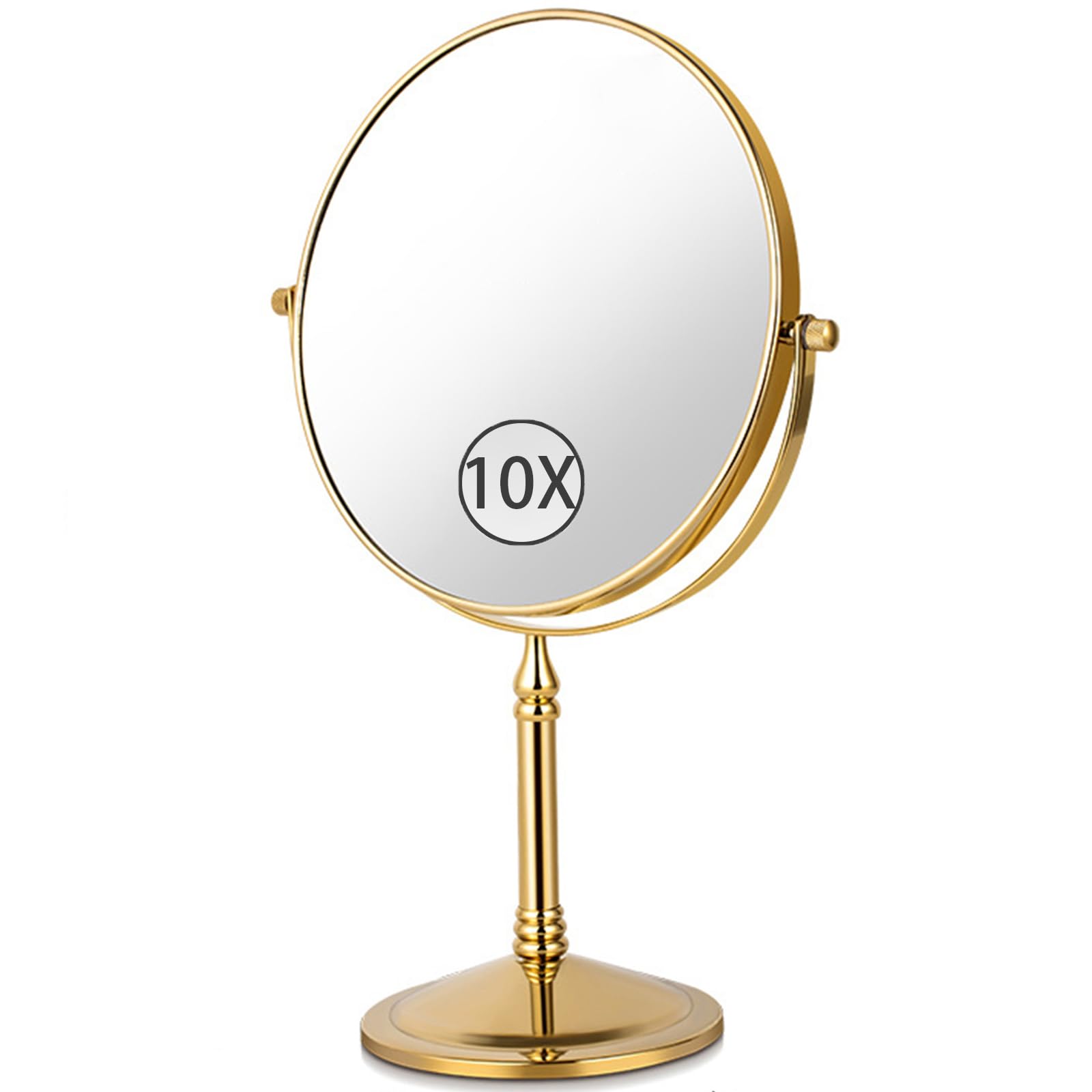 SXFSDOU Standing Vanity Makeup Mirrors, 360° Swivel Desktop Double Sided 1X/10X Magnifying Mirrors with Stand for Bathroom,Gold,6 inch