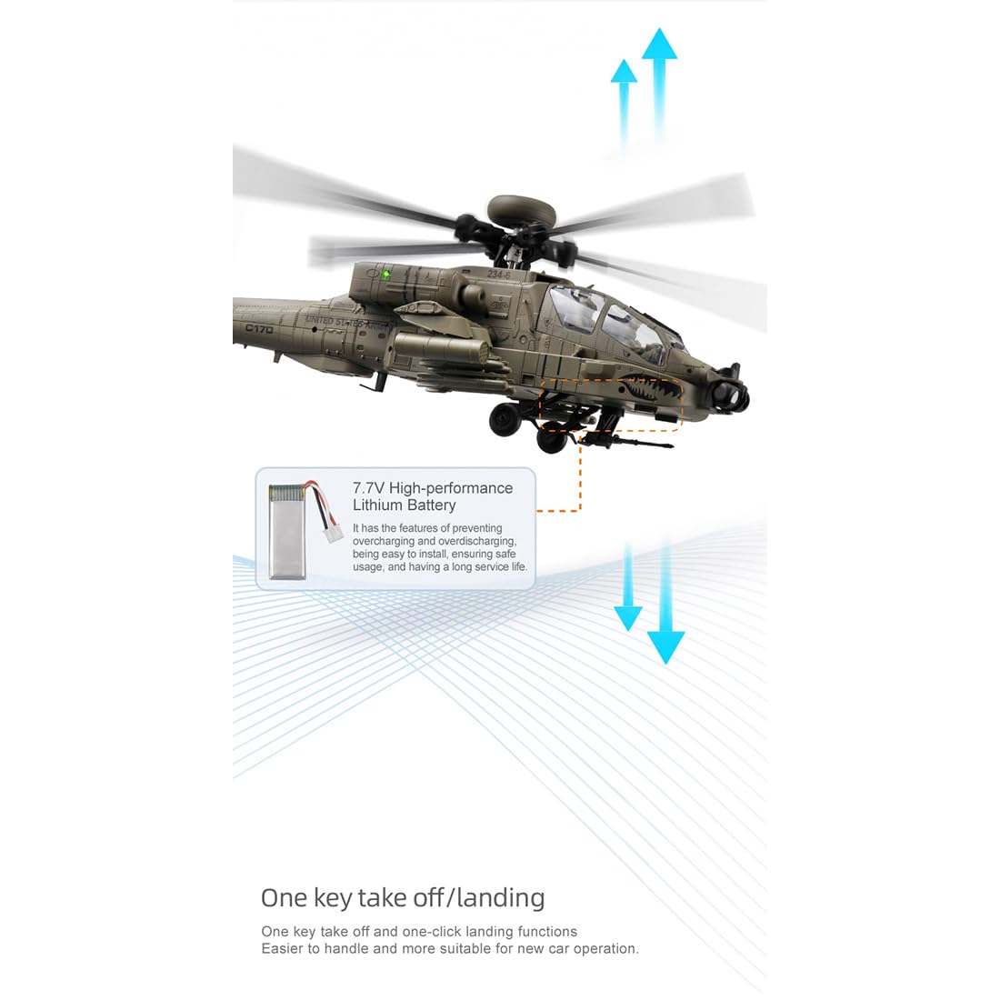 1/48 C170 AH-64D RC Hubschrauber, 2.4G 6CH 3D Stunt Flybarless Militärhubschrauber mit optischer Flow Positionierung, Gyro, TOF Höhenhalt, RC Flugzeug für Erwachsene