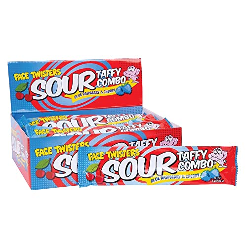 Face Twisters Sour Taffy Combo Blue Raspberry & Cherry 1.4 oz. Bar - Case of 24