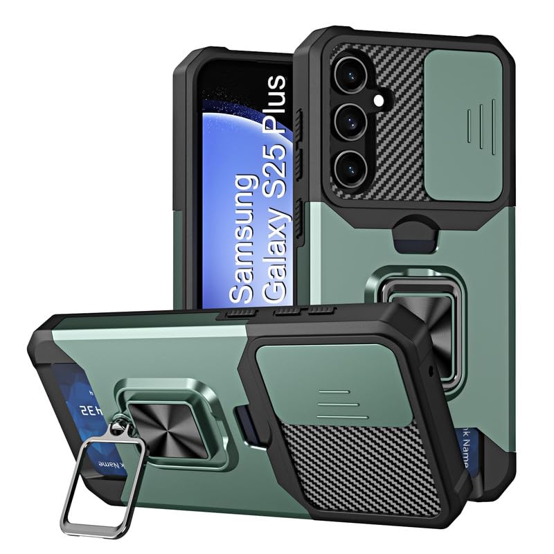 Image of LuxuryKase Shockproof Armor Case for Samsung Galaxy S25 Plus | Slide Camera Cover | Hidden Card Slot | Rotating Ring Kickstand | Magnetic Car Mount Support | Military Grade Protection - Green