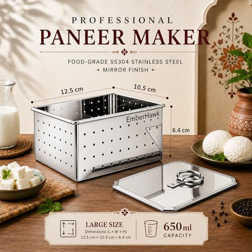 Image of Paneer Maker Steel - 12.5 x 10.5 x 6.4cm | Large | 650 ML | Stainless Steel Press Mould for Healthy Homemade Paneer, Tofu & Cheese | Rust-Free, Durable & Easy to Clean